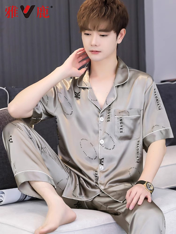 Pajamas Men's Ice Silk Short Sleeve Summer Thin Spring and Autumn Men's Silk Home Clothing Set 2025 New Style