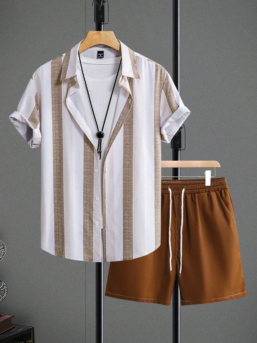 Sencillo contraste color rayas impresión 3D transfronterizo Xiyin venta caliente verano hawaiano vacaciones camisa pantalones cortos traje