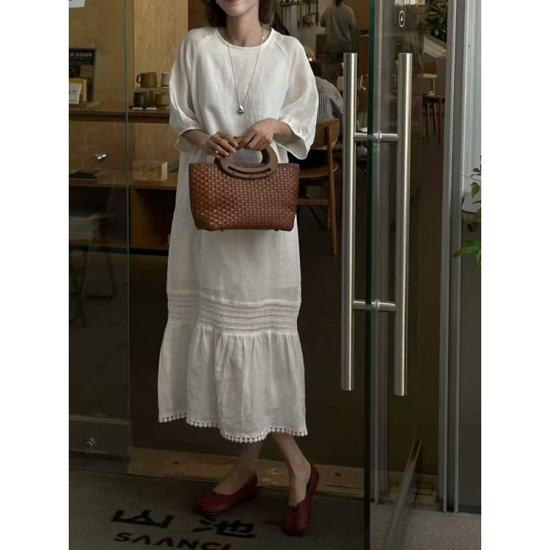 French Lace Splicing Cotton and Linen Dress for Women, New Summer Style, Mid-Length, Loose Casual Round Neck Long Dress