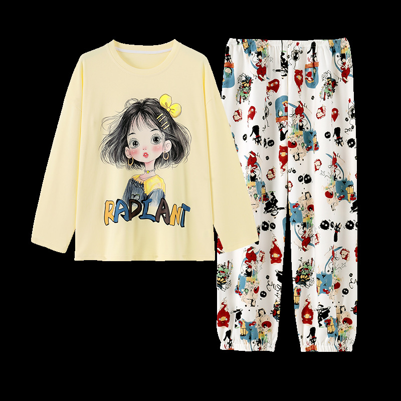 Al por mayor transfronterizo otoño nuevo pegamento de algodón de manga larga de cuello redondo pijama de mujer dibujos animados dulce ropa de estilo doméstico se puede usar