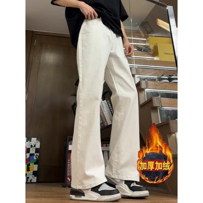 Cleanfit White American-Style Flared Jeans for Men, Fleece-Lined, Thickened, Height-Enhancing, Straight-Leg, Non-Tight, Scimitar Long Pants