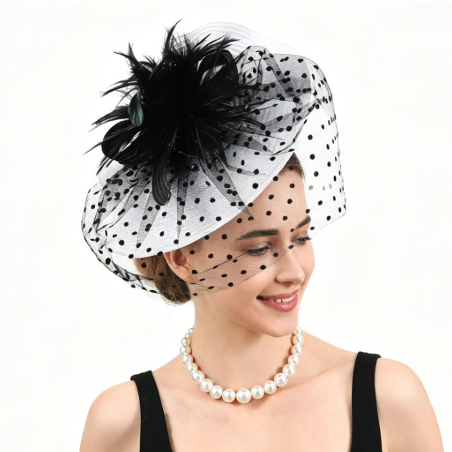 Retro Polka Dot Mesh Feather Hat Bridal Wedding Veil Hair Accessory Racing Club Hat Party Headwear Wholesale