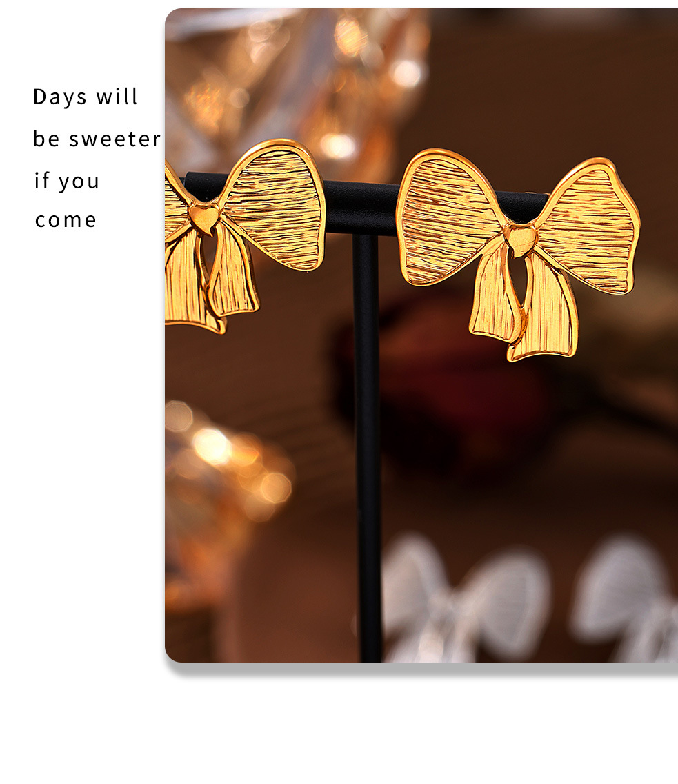 Square Sugar Bow Earrings For Women In Titanium Steel Gold Tone_voghion.com