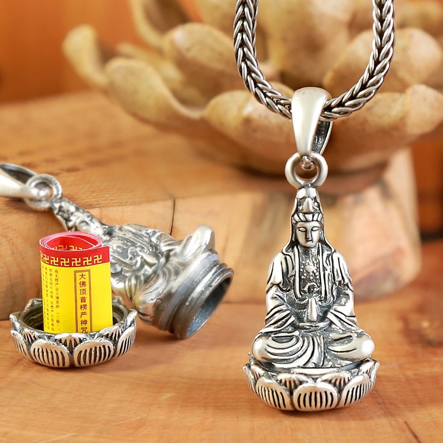 99 Foot Silver Guanyin Pendant Gawu Box Sterling Silver Men's Necklace Men and Women Can Wear Guanyin Bodhisattva Can be Hidden and Opened
