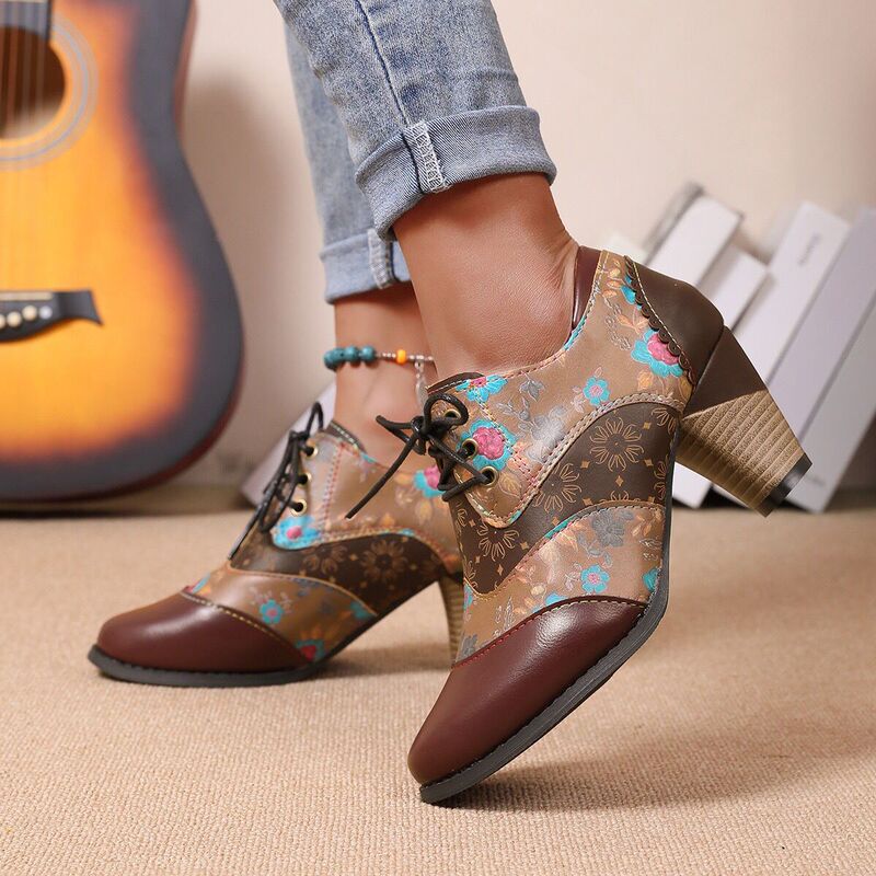 2025 Spring and Autumn Thick Heel High Heel Single Shoes Pointed Toe Large Size 41-43 Ethnic Style Deep Mouth Lace up Women's Shoes in Stock