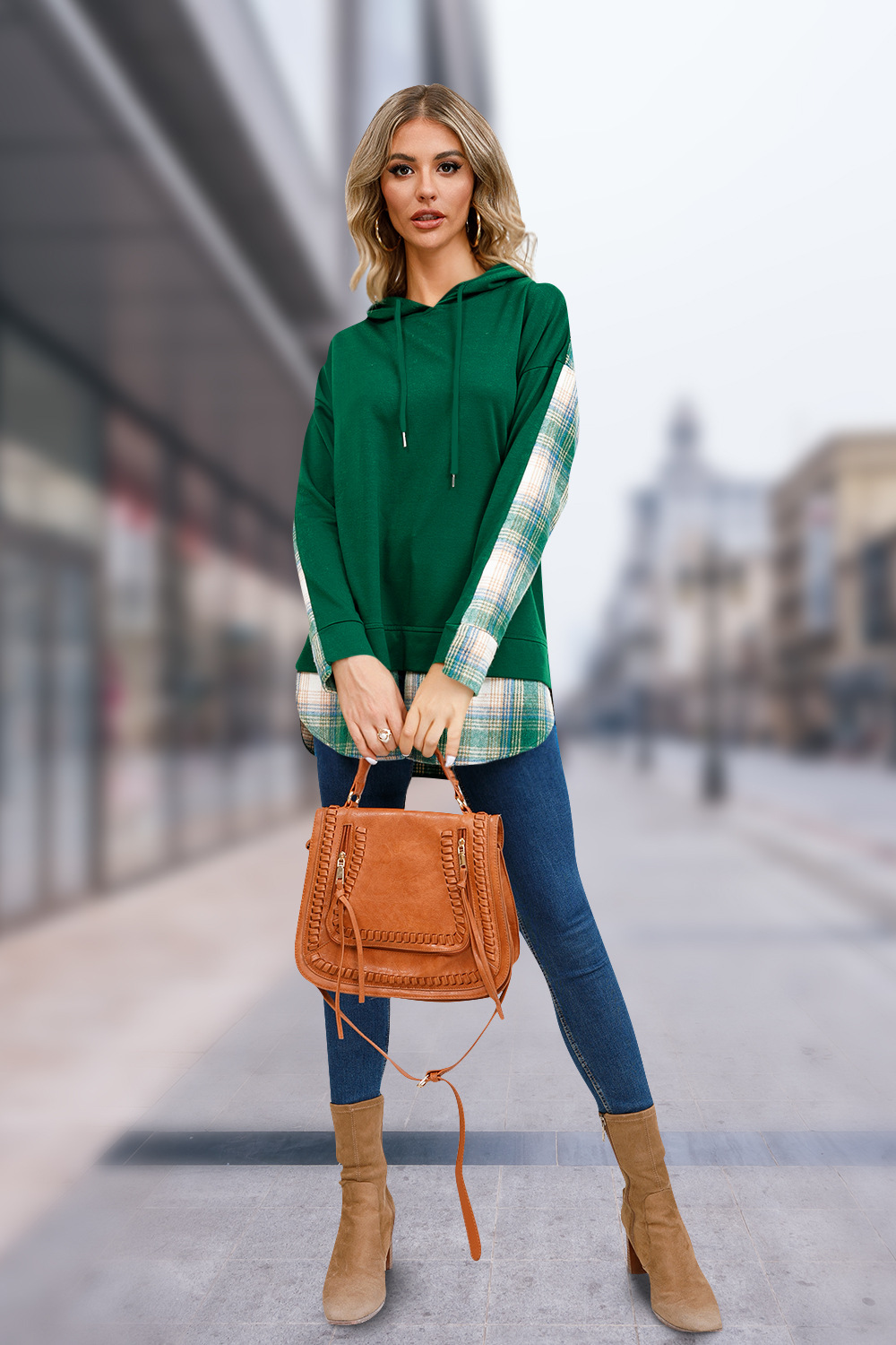 Sudaderas Con Capucha Para Mujer Manga Larga Ropa De Calle Tartán Color Sólido display picture 2