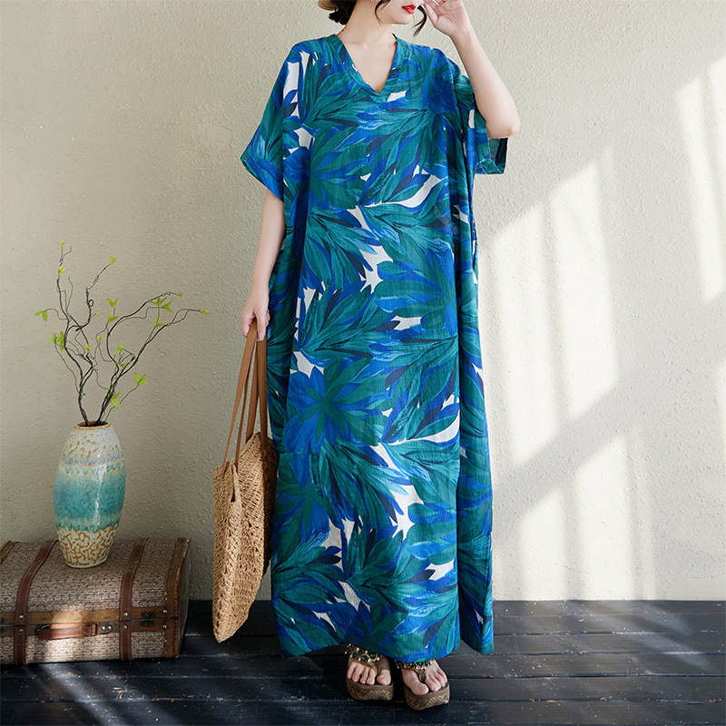 Actual Shot of 25 Summer V Neck Thin Cotton and Linen Large Size Loose Artistic Holiday Style Beach Skirt Retro Flesh-Covering Long Robe Actual Shot of 25 Summer V Neck Thin Cotton and Linen Large Size Loose Artistic Holiday Style Beach Skirt Retro Flesh-Covering Long Robe