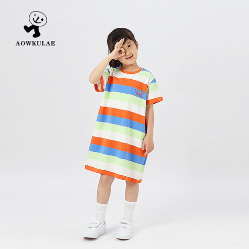 Summer Korean style children's clothing new girls dress children's embroidered knitted short-sleeved t-skirt girl princess dress wholesale
