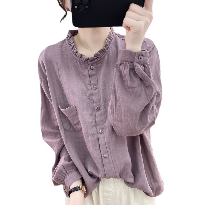 長袖の綿麻のシャツの女性の2024春と秋のゆったりとした年齢の上着のレトロなハスの葉の襟の底のシャツの外着|undefined