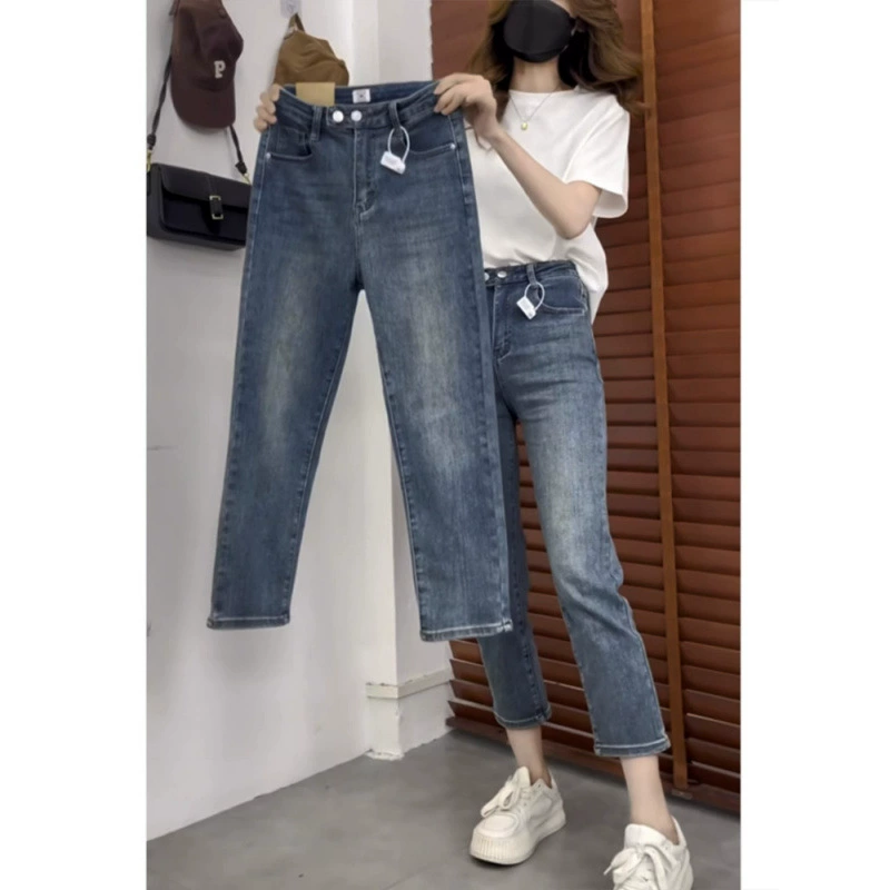 Прямые джинсы больших размеров с высокой талией для женщин, весна/лето 2025, новые тонкие укороченные брюки-сигареты в стиле ретро