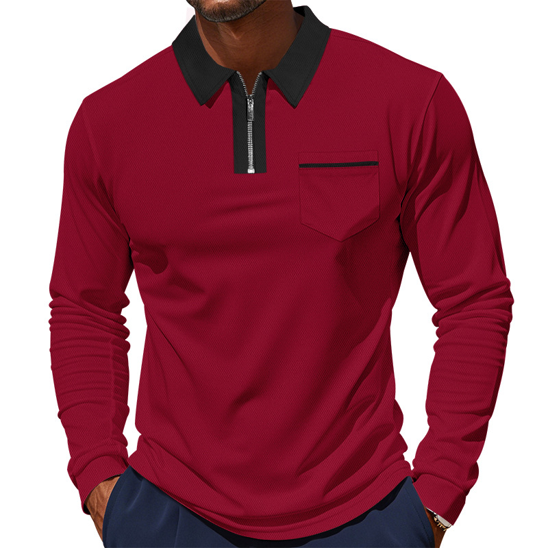 Camiseta Polo de Manga Larga para Hombre, Estilo Americano, Otoño-Invierno, Cuello con Media Cremallera, Ajustada, Camiseta Interior para Hombre
