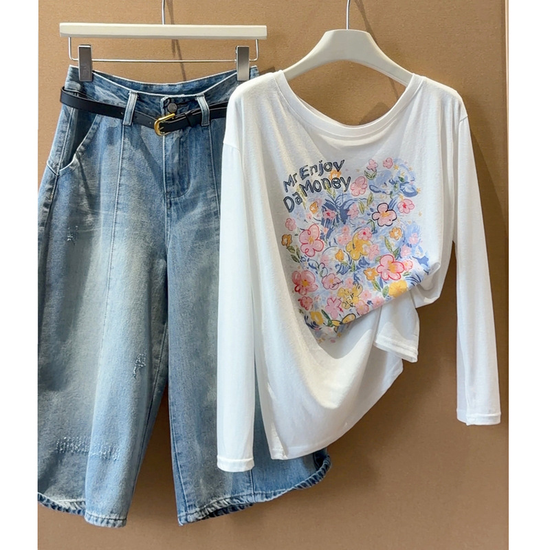 White Floral Print Long-Sleeved T-Shirt for Women, Summer Loose and Versatile Round Neck Casual Lazy Style Sun Protection Cover-Up Top White Floral Print Long-Sleeved T-Shirt for Women, Summer Loose and Versatile Round Neck Casual Lazy Style Sun Protection Cover-Up Top