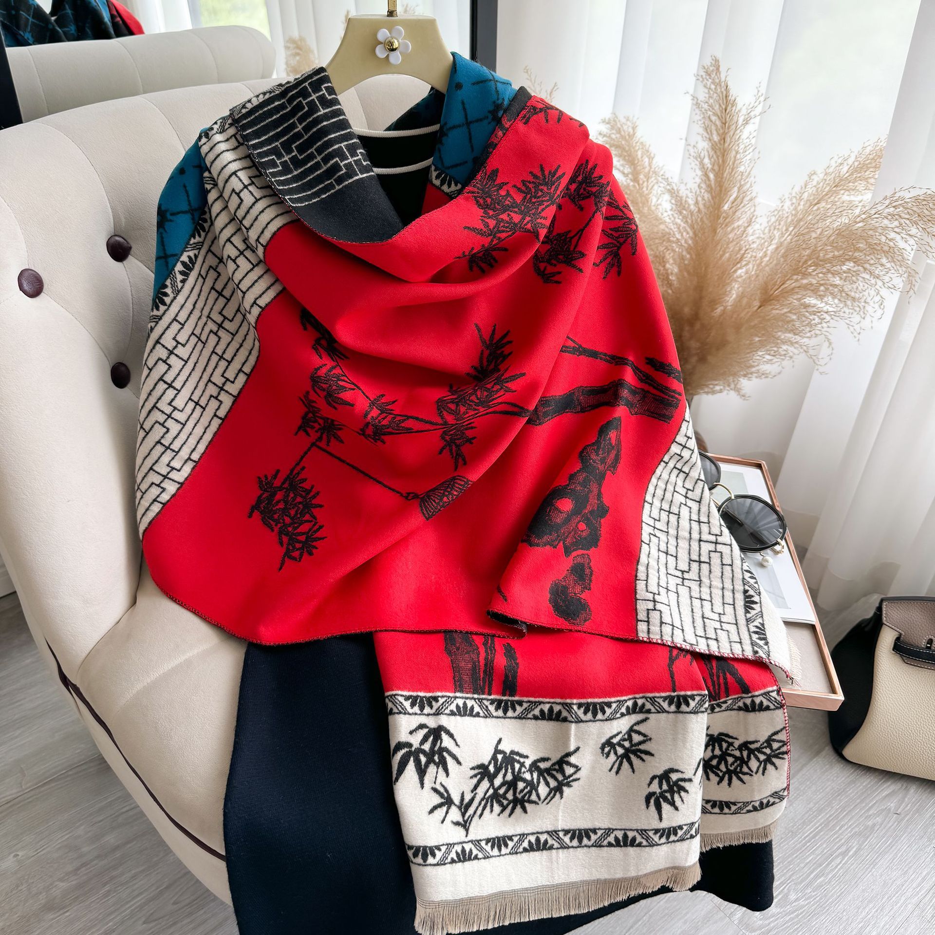 Nueva moda vintage bambú impresión bufandas para damas de alto nivel 2024 otoño y invierno grueso manteniendo el calor bufandas