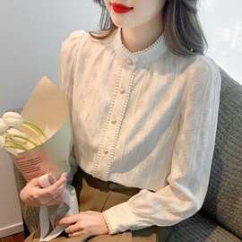 春季新款法式复古蕾丝衬衫立领花边上衣镂空内搭衬衣女图片色露肩