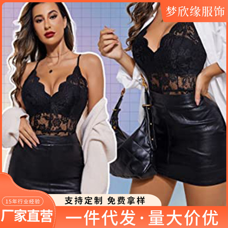 Customized Cross-Border Autumn and Winter New Women's Sexy Intimates Aliexpress Deep V Teddy Sexy European and American Lace Jumpsuit