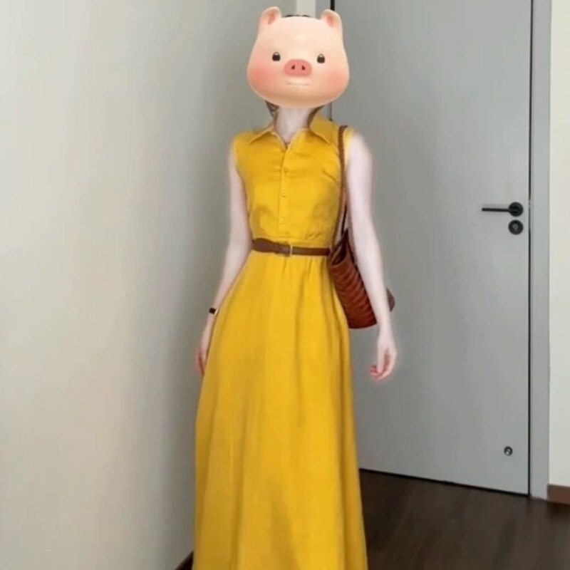 Summer plus-size French-style niche yellow collared sleeveless shirt dress, fashionable and elegant, waist-cinching long dress for women