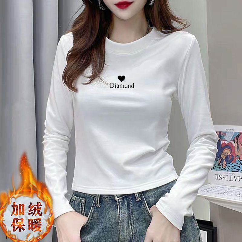 2025新款秋冬正肩短款白色打底衫女内搭修身洋气加绒长袖T恤上衣|undefined