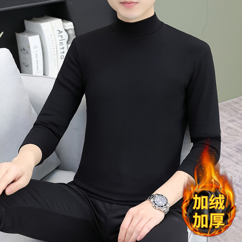 半高领加绒男士长袖t恤秋冬新款潮流加厚保暖打底衫修身内搭上衣