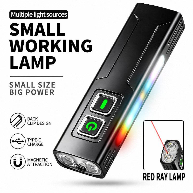 Cross-Border Edc Multifunctional Flashlight with Red/Green Laser and 365Nm Purple Light, Magnetic Work Light, Rgb Ambient Light
