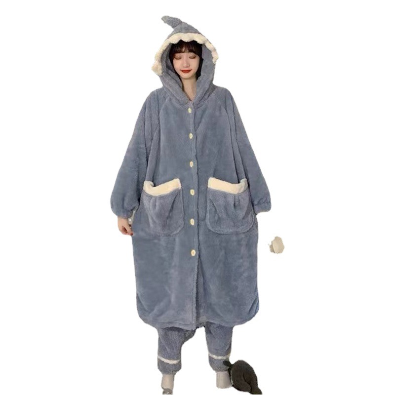 Blue Hooded Nightgown, Winter Long-Haired Plush Cotton Bat-Style Loungewear, Thickened and Suitable for Outerwear, Fox and Dinosaur Pajamas