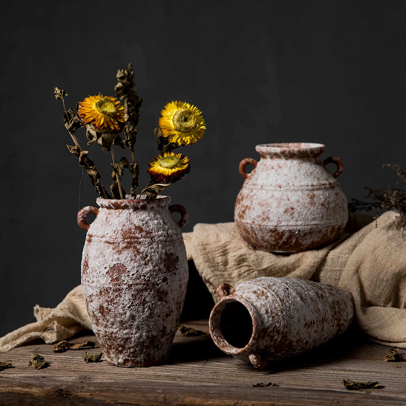 Jingdezhen Wabi-Sabi Style Rustic Pottery Art Porcelain New Chinese-Style Desktop Dried Flower Arrangement Light Luxury High-End Vintage Decorative Ornament