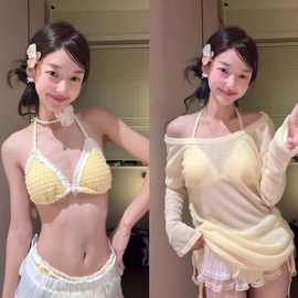 2026新款海边度假泳衣套装显白黄色性感绝美少女分体比基尼泳装