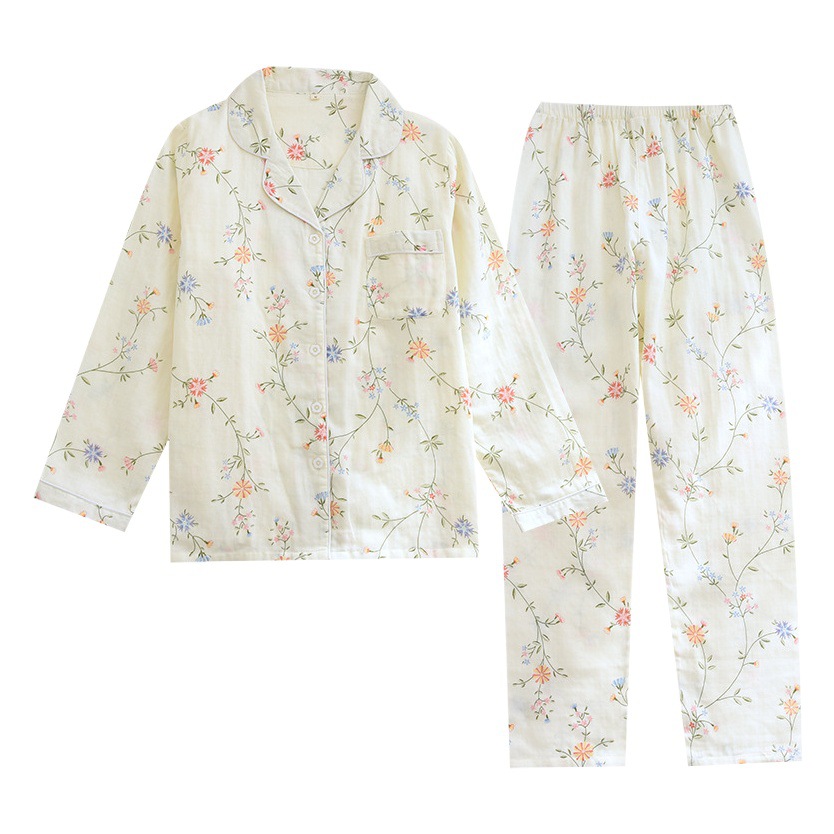 花ガーゼセットパジャマ女性長袖綿ガーゼセット春夏クレープ薄い家庭服