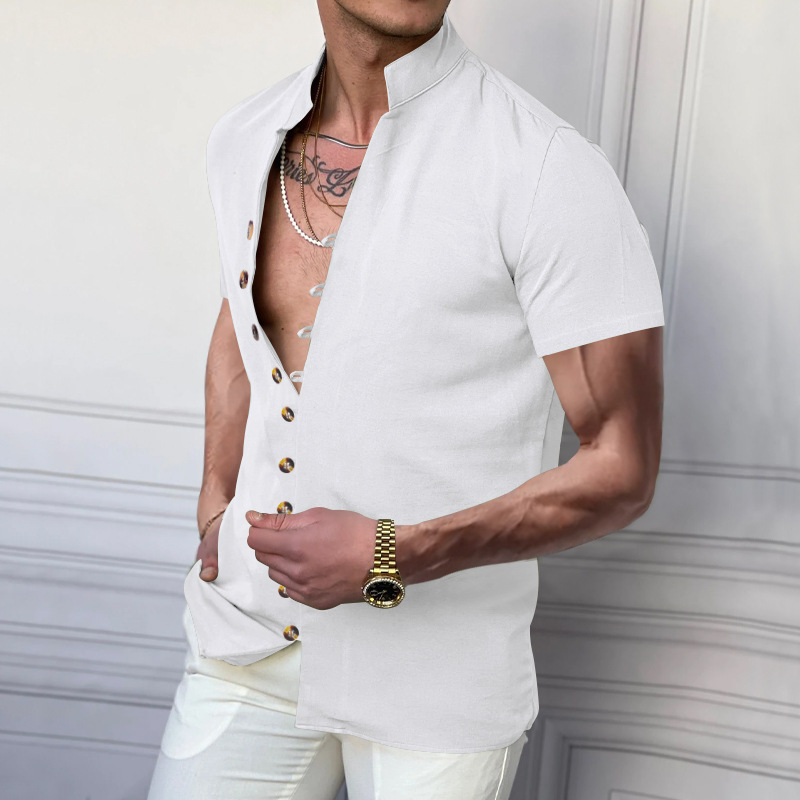 Camicia in lino da uomo con collo alla coreana e bottoni_voghion.com