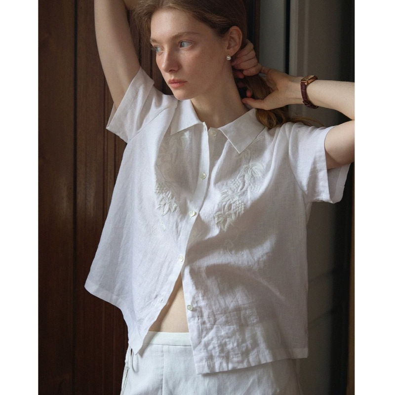 2026Ss High-End 100% Natural Linen Heavy-Duty Embroidered White Short-Sleeved Shirt for Women