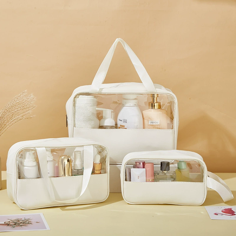 Capacious waterproof cosmetic bag PVC, polyurethane handheld storage bag for traveling