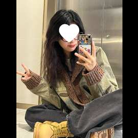 复古长袖牛仔外套女秋季宽松水洗做旧拼接夹克小众设计感西装上衣
