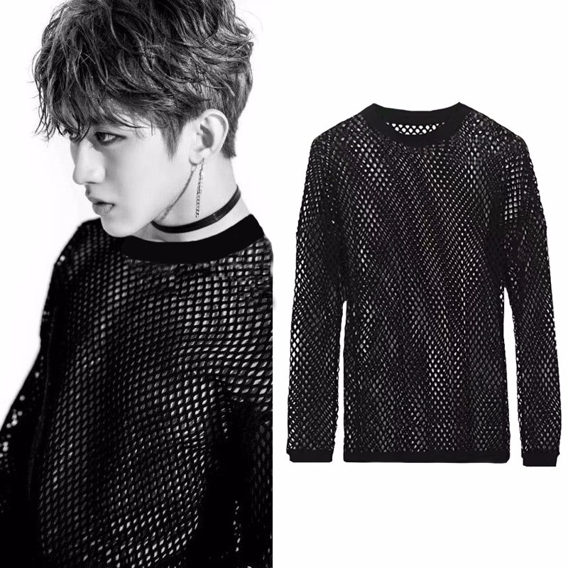 Large mesh hollow-out long-sleeved T-shirt hollow fishing net breathable dance personality performance fashion European and American style transparent blouse