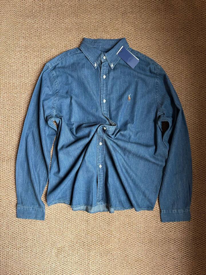 Áo sơ mi denim nam cổ điển thêu logo ngựa, áo sơ mi cotton dáng suông mặc ngoài — Áo sơ mi denim (nam)