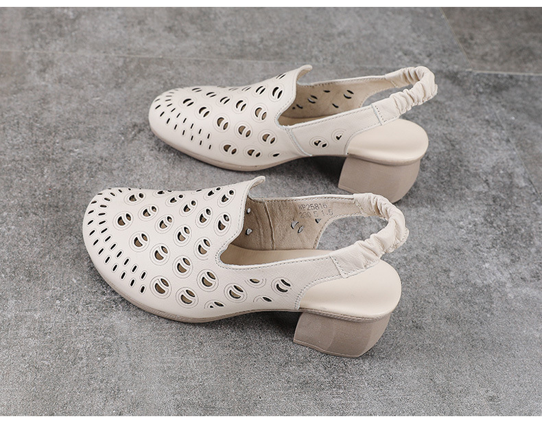 Sandal bít mũi da bò thật khoét lỗ thoáng khí gót thô mùa hè phong cách La Mã — Màu be chi tiết 11