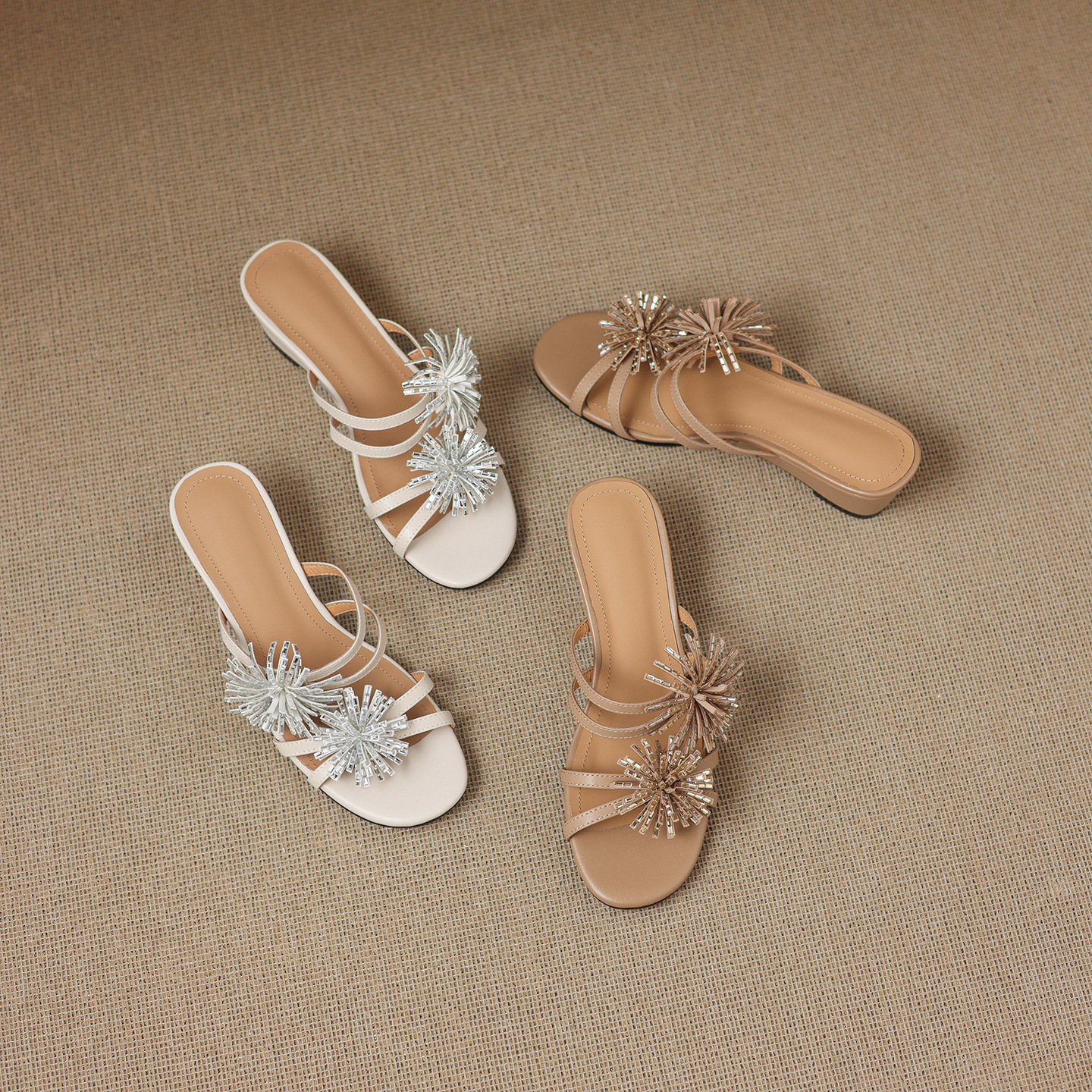 Sandal cao gót nữ hở mũi đế xuồng đính đá pha lê, gót 5 cm, chất da bò mềm — màu trắng ngà chi tiết 2
