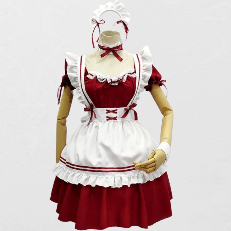 Red apron, bracelet, leg strap, hair accessory