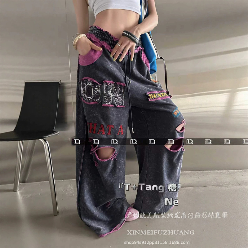 Cross-Border Women's Wide-Leg High-Waisted Adjustable Drawstring Pants Casual Lightweight Gothic Print Elastic Waist Wide-Leg Pants Cross-Border Women's Wide-Leg High-Waisted Adjustable Drawstring Pants Casual Lightweight Gothic Print Elastic Waist Wide-Leg Pants