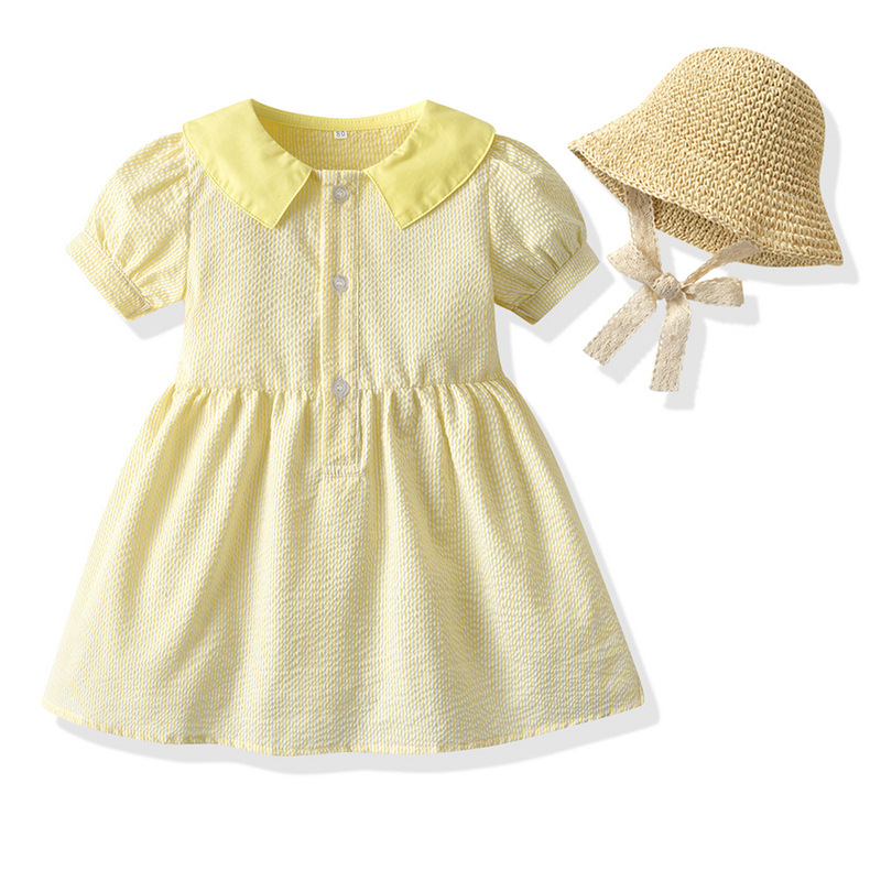 Princess Bubble Short-sleeved Cotton Dress Sunshade Lace Straw Hat Two-piece display picture 1