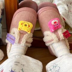 可爱卡通小熊加绒棉拖鞋女外穿秋冬新款保暖加绒百搭毛绒包头拖鞋