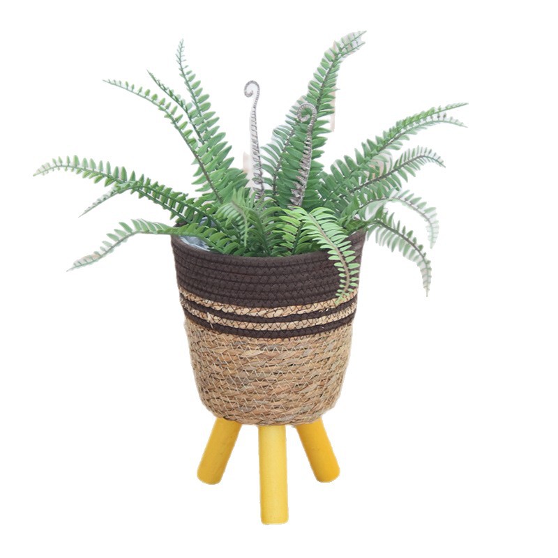 Decoración nórdica tipo piso estante de flores plantas de paja trenzadas cestas de flores de caña trenzadas maceta de loto verde balcón sala de estar estante de maceta