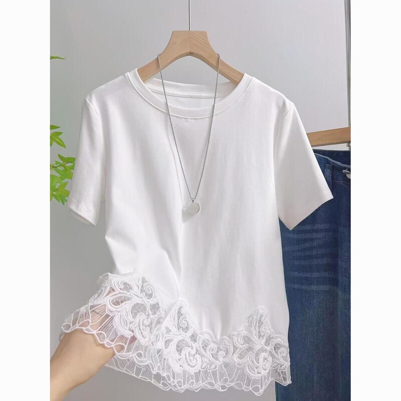 220g Pure Cotton 21-Count White Right Shoulder Short-Sleeved T-Shirt, Super Nice, Unique and Beautiful Lace Top, Slimming Look and Elegant