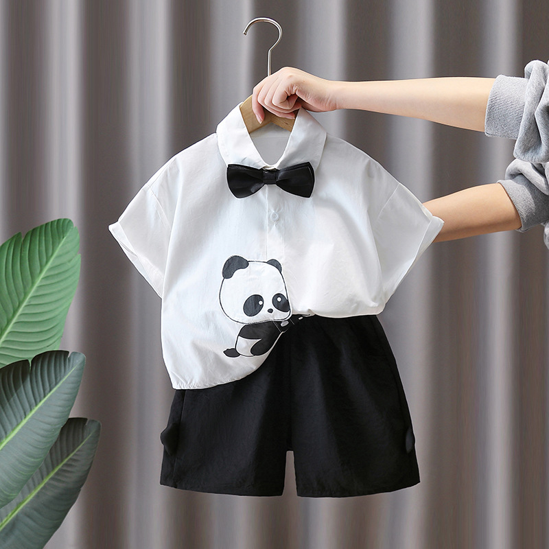 7300 traje de camisa panda para niños 2025 nuevo estilo niño verano ropa de manga corta verano moda calle frita estilo delgado