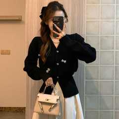 秋冬软糯黑色小香风蝴蝶结高级感收腰针织开衫外套女毛衣V领上衣