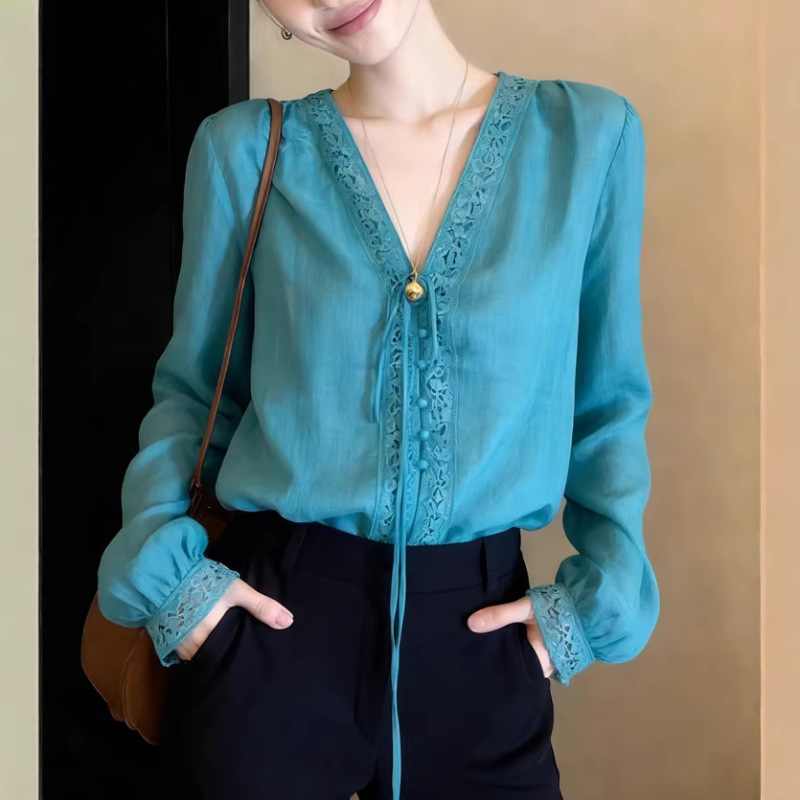 Peacock Blue Shirt for Women, Long-Sleeved, Spring 2026 New Style, High-End, Light Luxury, Good-Looking, Elegant, Beautiful, V-Neck Shirt Peacock Blue Shirt for Women, Long-Sleeved, Spring 2026 New Style, High-End, Light Luxury, Good-Looking, Elegant, Beautiful, V-Neck Shirt