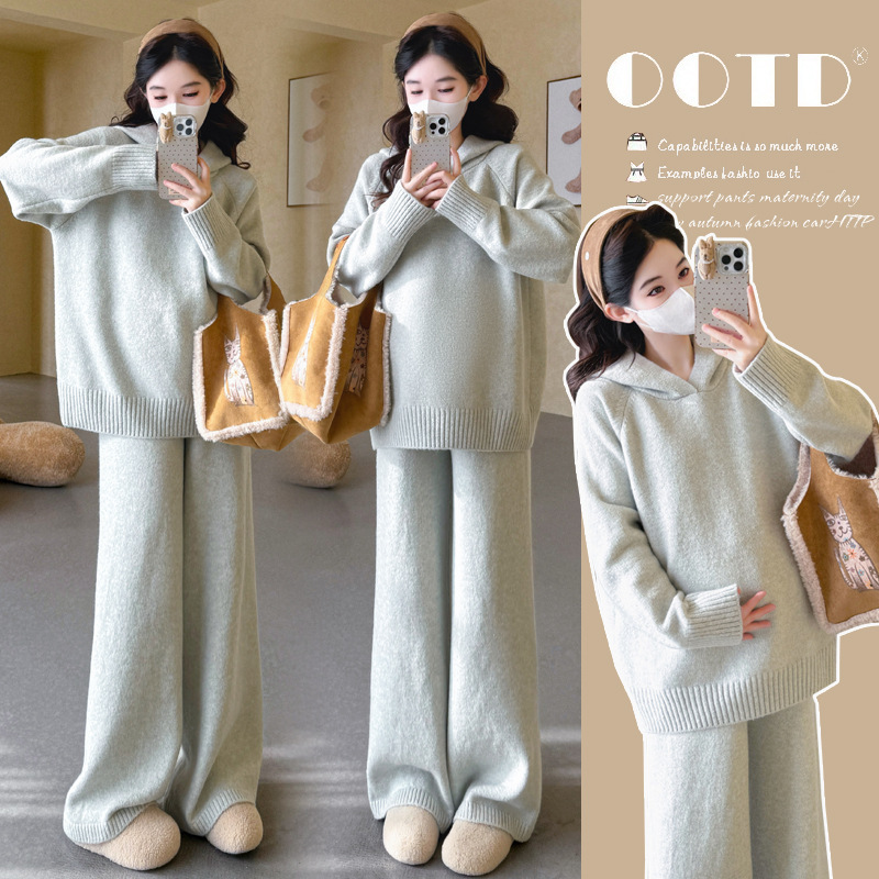 Maternity Winter Outfit Set Fashionable Stylish Thick Warm Hooded Knit Sweater Petite Autumn Winter Two-Piece Set