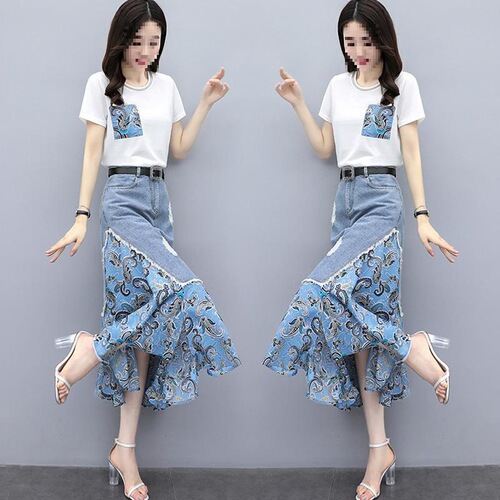 Summer denim dress, two-piece spring and summer dress, new women's style, slimming skirt, long skirt, suit, trend