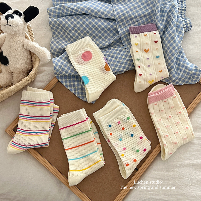 Dopamine "Love Mesh Socks Children's Mid-tube Socks Thin Spring and Summer New Striped Dot ins Korean Style Stack Socks