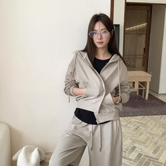 广州十三行2025秋韩系慵懒风连帽拉链口袋修身螺纹底卫衣女03077