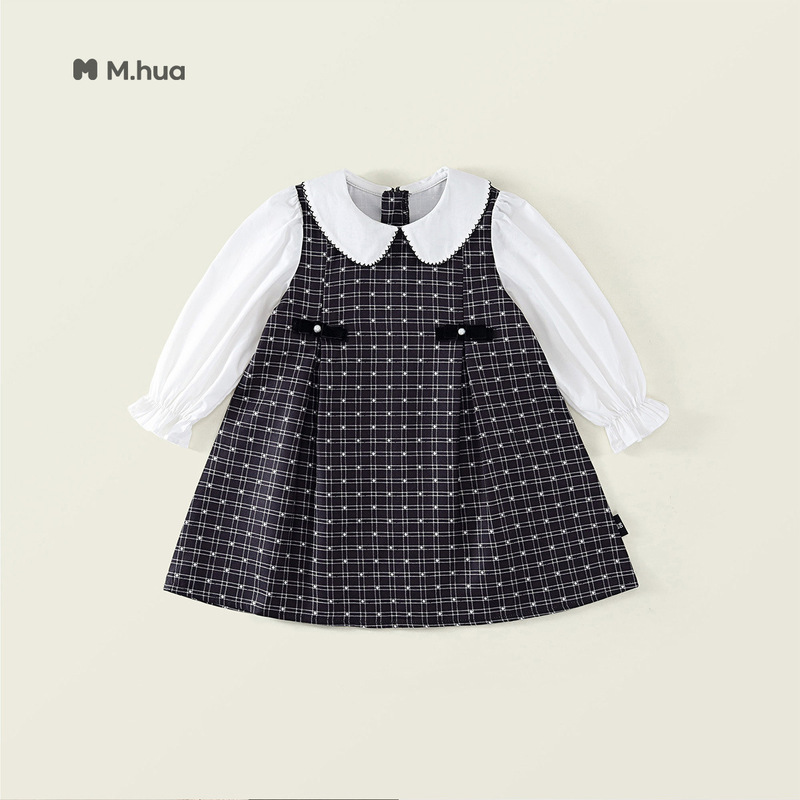 Girls' Houndstooth Dress 2026 Spring and Autumn New Style Baby Doll Collar Long-Sleeve Princess Dress Wholesale