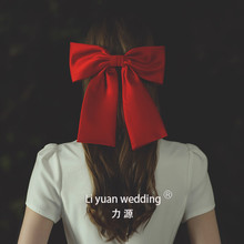 F1338新娘復古日韓網紅發卡結婚禮服大暗紅大緞面紅蝴蝶結頭飾